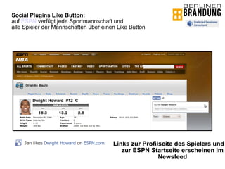 Social Plugins Like Button:  auf  ESPN  verfügt jede Sportmannschaft und  alle Spieler der Mannschaften über einen Like Button Links zur Profilseite des Spielers und zur ESPN Startseite erscheinen im Newsfeed 