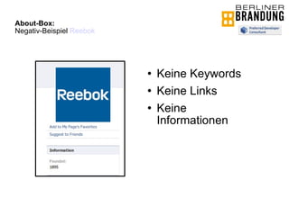 About-Box:  Negativ-Beispiel  Reebok Keine Keywords Keine Links Keine Informationen 