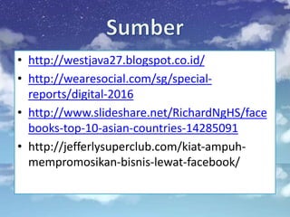 • http://westjava27.blogspot.co.id/
• http://wearesocial.com/sg/special-
reports/digital-2016
• http://www.slideshare.net/RichardNgHS/face
books-top-10-asian-countries-14285091
• http://jefferlysuperclub.com/kiat-ampuh-
mempromosikan-bisnis-lewat-facebook/
 
