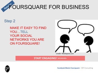 Facebook Meets Foursquare – DFY Consulting
FOURSQUARE FOR BUSINESS
START ENGAGING! >>>>>>
Step 2
MAKE IT EASY TO FIND
YOU…TELL
YOUR SOCIAL
NETWORKS YOU ARE
ON FOURSQUARE!
Credit: Mediapost.com
 