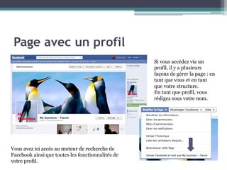 Page avec un profil 
5 
Si vous accédez via un profil, il y a plusieurs façons de gérer la page : en tant que vous et en tant que votre structure. 
En tant que profil, vous rédigez sous votre nom. 
Vous avez ici accès au moteur de recherche de Facebook ainsi que toutes les fonctionnalités de votre profil.  