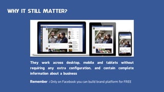 WHY IT STILL MATTER?
They work across desktop, mobile and tablets without
requiring any extra configuration, and contain complete
information about a business
Remember : Only on Facebook you can build brand platform for FREE
 