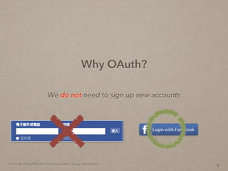 2014. By Deng Wei-Dai. For Social Web Design Workshop.
We do not need to sign up new accounts
Why OAuth?
5
 