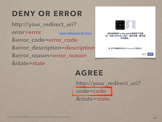 2014. By Deng Wei-Dai. For Social Web Design Workshop.
DENY OR ERROR
http://your_redirect_uri??
error=error?
&error_code=error_code?
&error_description=description?
&error_reason=error_reason?
&state=state
19
more reference for error
http://your_redirect_uri??
code=code?
&state=state
AGREE
 