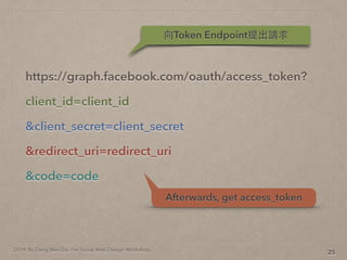 2014. By Deng Wei-Dai. For Social Web Design Workshop.
https://graph.facebook.com/oauth/access_token?
client_id=client_id ?
&client_secret=client_secret?
&redirect_uri=redirect_uri?
&code=code
25
Token EndpointՈ
Afterwards, get access_token
 