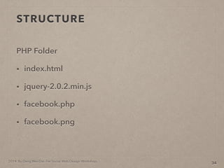 2014. By Deng Wei-Dai. For Social Web Design Workshop.
STRUCTURE
PHP Folder
? index.html
? jquery-2.0.2.min.js
? facebook.php
? facebook.png
34
 