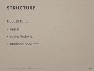2014. By Deng Wei-Dai. For Social Web Design Workshop.
STRUCTURE
NodeJS Folder
? app.js
? routes/index.js
? html/facebook.html
38
 