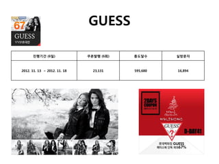 GUESS

      진행기간 (6일)               쿠폰발행 (6회)   총도달수      실방문자



2012. 11. 13 ~ 2012. 11. 18     23,131    595,680   16,894
 