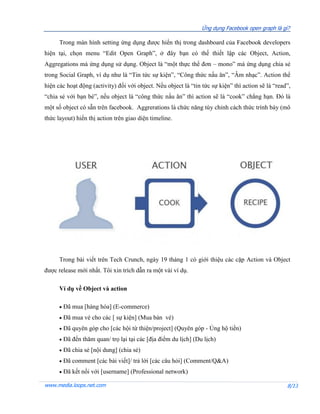 Ứng dụng Facebook open graph là gì?

      Trong màn hình setting ứng dụng được hiển thị trong dashboard của Facebook developers
hiện tại, chọn menu “Edit Open Graph”, ở đây bạn có thế thiết lập các Object, Action,
Aggregations mà ứng dụng sử dụng. Object là “một thực thể đơn – mono” mà ứng dụng chia sẻ
trong Social Graph, ví dụ như là “Tin tức sự kiện”, “Công thức nấu ăn”, “Âm nhạc”. Action thể
hiện các hoạt động (activity) đối với object. Nếu object là “tin tức sự kiện” thì action sẽ là “read”,
“chia sẻ với bạn bè”, nếu object là “công thức nấu ăn” thì action sẽ là “cook” chẳng hạn. Đó là
một số object có sẵn trên facebook. Aggrerations là chức năng tùy chỉnh cách thức trình bày (mô
thức layout) hiển thị action trên giao diện timeline.




      Trong bài viết trên Tech Crunch, ngày 19 tháng 1 có giới thiệu các cặp Action và Object
được release mới nhất. Tôi xin trích dẫn ra một vài ví dụ.

      Ví dụ về Object và action

         Đã mua [hàng hóa] (E-commerce)
         Đã mua vé cho các [ sự kiện] (Mua bán vé)
         Đã quyên góp cho [các hội từ thiện/project] (Quyên góp - Ủng hộ tiền)
         Đã đến thăm quan/ trọ lại tại các [địa điểm du lịch] (Du lịch)
         Đã chia sẻ [nội dung] (chia sẻ)
         Đã comment [các bài viết]/ trả lời [các câu hỏi] (Comment/Q&A)
         Đã kết nối với [username] (Professional network)

www.media.loops.net.com                                                                             8/13
 