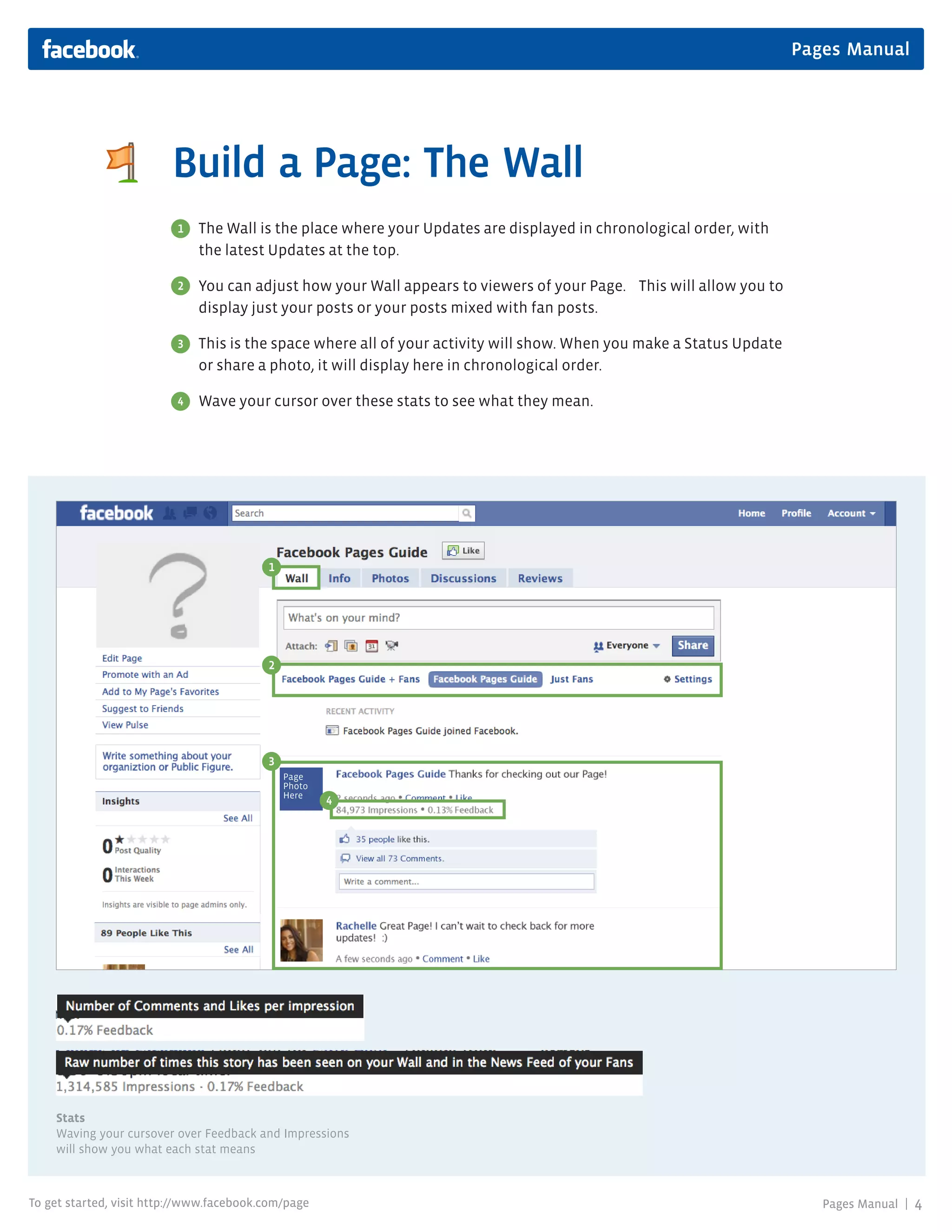 Pages Manual




                         Build a Page: The Wall
                          1   The Wall is the place where your Updates are displayed in chronological order, with
                              the latest Updates at the top.

                          2   You can adjust how your Wall appears to viewers of your Page. This will allow you to
                              display just your posts or your posts mixed with fan posts.

                          3   This is the space where all of your activity will show. When you make a Status Update
                              or share a photo, it will display here in chronological order.

                          4   Wave your cursor over these stats to see what they mean.




                                          1




                                          2




                                          3
                                              Page
                                              Photo
                                              Here
                                                      4




    Stats
    Waving your cursover over Feedback and Impressions
    will show you what each stat means



To get started, visit http://www.facebook.com/page                                                                       Pages Manual |   4
 