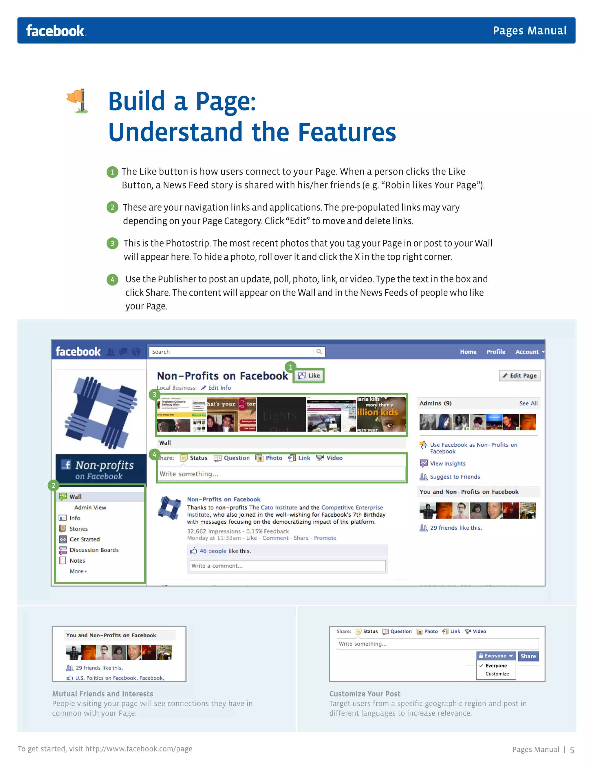 Pages Manual




                         Build a Page:
                         Understand the Features
                          1   The Like button is how users connect to your Page. When a person clicks the Like
                              Button, a News Feed story is shared with his/her friends (e.g. “Robin likes Your Page”).

                          2   These are your navigation links and applications. The pre-populated links may vary
                              depending on your Page Category. Click “Edit” to move and delete links.

                          3
                          2   This is the Photostrip. The most recent photos that you tag your Page in or post to your Wall
                              will appear here. To hide a photo, roll over it and click the X in the top right corner.

                          4   Use the Publisher to post an update, poll, photo, link, or video. Type the text in the box and
                              click Share. The content will appear on the Wall and in the News Feeds of people who like
                              your Page.




                                                                        1


                                      3




                                      4



         2




         Mutual Friends and Interests                                             Customize Your Post
         People visiting your page will see connections they have in              Target users from a specific geographic region and post in
         common with your Page.                                                   different languages to increase relevance.



To get started, visit http://www.facebook.com/page                                                                                     Pages Manual |   5
 