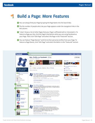 Pages Manual




                         Build a Page: More Features
                          1   You can always find your Page by typing the Page Name into the Search Box.

                          2   The the number of people who Like your Page appears under the navigation links in the
                              left column.

                          3   “Likes” shows a list of other Pages that your Page is affiliated with or interested in. To
                              feature a Page you like, click the Page’s Like Button when you are using Facebook as
                              your Page. Then click “Edit Page” and select the Page in the “Featured” section.

                          4   You can feature “Page Owners” and link to their personal profiles from your Page. To
                              feature a Page Owner, click “Edit Page” and select the Admin in the “Featured” section.




                                            1




                     2


                     3




                     4




To get started, visit http://www.facebook.com/page                                                                            Pages Manual |   6
 