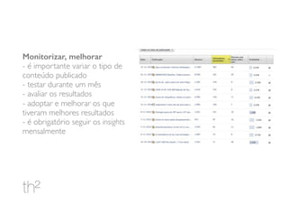 Monitorizar, melhorar
- é importante variar o tipo de
conteúdo publicado
- testar durante um mês
- avaliar os resultados
- adoptar e melhorar os que
tiveram melhores resultados
- é obrigatório seguir os insights
mensalmente
 
