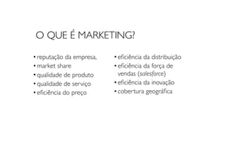 •reputação da empresa,
•market share
•qualidade de produto
•qualidade de serviço
•eﬁciência do preço
•eﬁciência da distribuição
•eﬁciência da força de
vendas (salesforce)
•eﬁciência da inovação
•cobertura geográﬁca
O QUE É MARKETING?
 