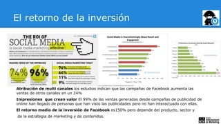 El retorno de la inversión
Atribución de multi canales los estudios indican que las campañas de Facebook aumenta las
ventas de otros canales en un 24%
Impresiones que crean valor El 99% de las ventas generadas desde campañas de publicidad de
online han llegado de personas que han visto las publicidades pero no han interactuado con ellas.
El retorno medio de la inversión de Facebook es150% pero depende del producto, sector y
de la estrategia de marketing y de contenidos.
 