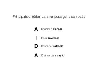 Principais critérios para ter postagens campeãs
A
I
D
A
Chamar a atenção
Gerar interesse
Despertar o desejo
Chamar para a ação
 