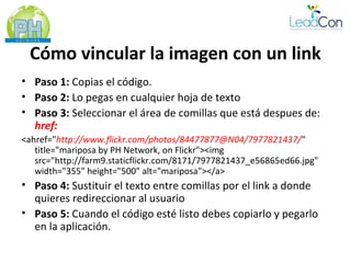 Cómo vincular la imagen con un link
• Paso 1: Copias el código.
• Paso 2: Lo pegas en cualquier hoja de texto
• Paso 3: Seleccionar el área de comillas que está despues de:
  href:
<ahref="http://www.flickr.com/photos/84477877@N04/7977821437/"
   title="mariposa by PH Network, on Flickr"><img
   src="http://farm9.staticflickr.com/8171/7977821437_e56865ed66.jpg"
   width="355" height="500" alt="mariposa"></a>
• Paso 4: Sustituir el texto entre comillas por el link a donde
  quieres redireccionar al usuario
• Paso 5: Cuando el código esté listo debes copiarlo y pegarlo
  en la aplicación.
 