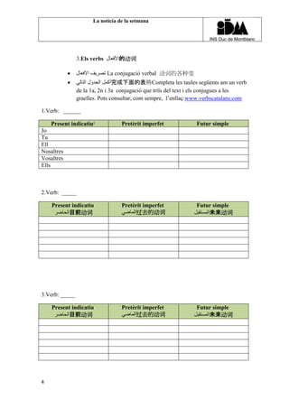 La notícia de la setmana
4
3.Els verbs ‫األفعال‬的动词
 ‫االفعال‬ ‫تصريف‬ La conjugació verbal 动词的各种变
 ‫التالي‬ ‫الجدول‬ ‫أكمل‬完成下面的表格Completa les taules següents am un verb
de la 1a, 2n i 3a conjugació que triïs del text i els conjugues a les
graelles. Pots consultar, com sempre, l’enllaç:www.verbscatalans.com
1.Verb: ______
Present indicatiu‫ا‬ Pretèrit imperfet Futur simple
Jo
Tu
Ell
Nosaltres
Vosaltres
Ells
2.Verb: _____
Present indicatiu
‫الحاضر‬目前动词
Pretèrit imperfet
‫الماضي‬过去的动词
Futur simple
‫المستقبل‬未来动词
3.Verb: _____
Present indicatiu
‫الحاضر‬目前动词
Pretèrit imperfet
‫الماضي‬过去的动词
Futur simple
‫المستقبل‬未来动词
 