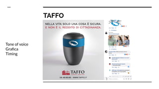 TAFFO
Tone of voice
Graﬁca
Timing
 