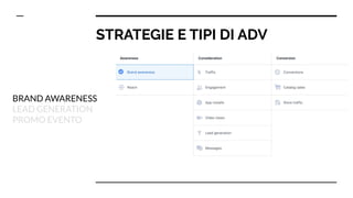 STRATEGIE E TIPI DI ADV
BRAND AWARENESS
LEAD GENERATION
PROMO EVENTO
 