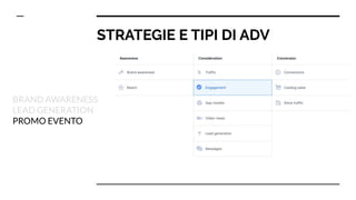 STRATEGIE E TIPI DI ADV
BRAND AWARENESS
LEAD GENERATION
PROMO EVENTO
 