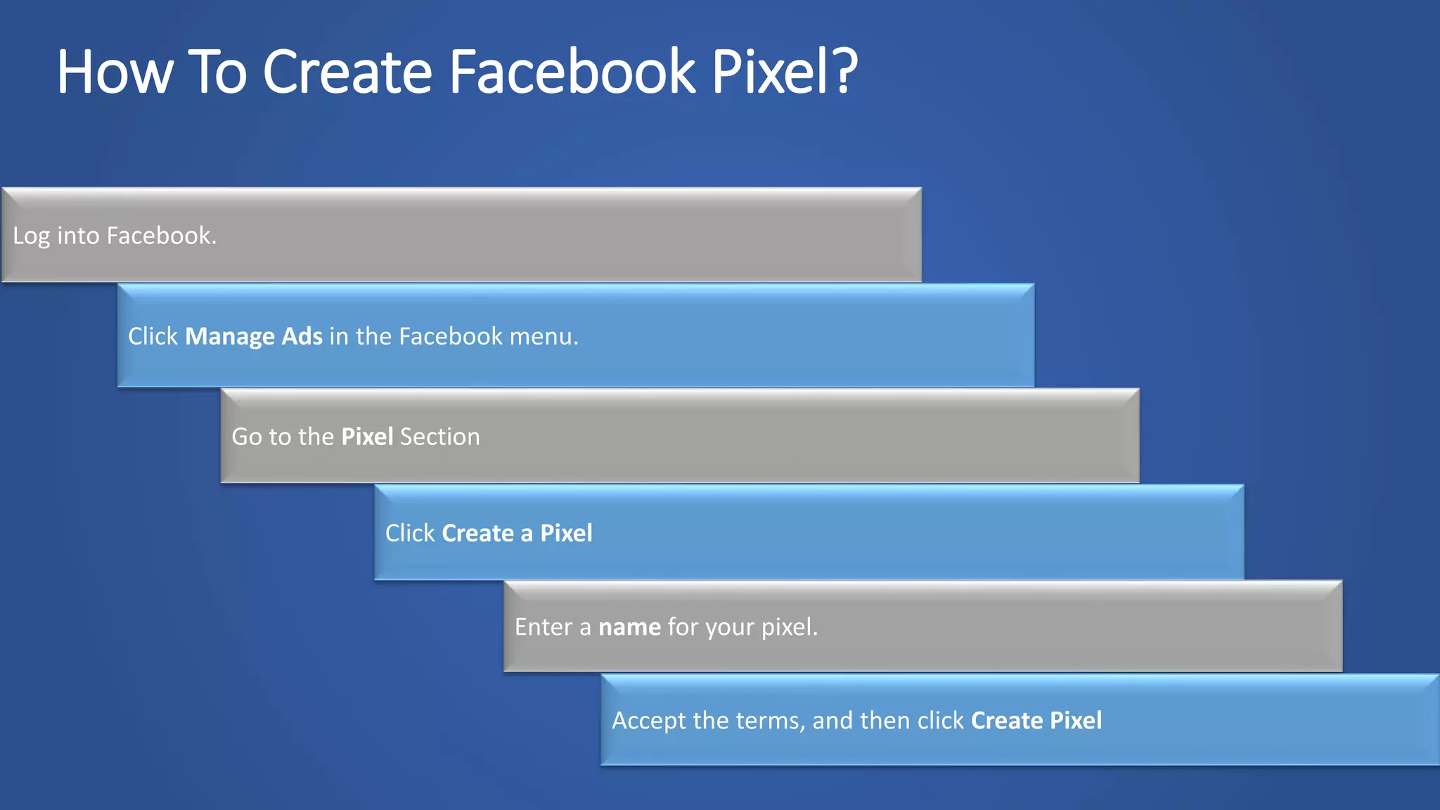 How To Create Facebook Pixel?
Log into Facebook.
Click Manage Ads in the Facebook menu.
Go to the Pixel Section
Click Create a Pixel
Enter a name for your pixel.
Accept the terms, and then click Create Pixel
 