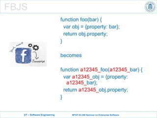 function foo(bar) { var obj = {property: bar}; return obj.property; }  becomes function   a12345_ foo( a12345_ bar) { var   a12345_ obj = {property:  a12345_ bar}; return   a12345_ obj.property; }   FBJS 