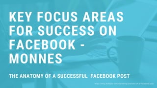 https://blog.hubspot.com/marketing/anatomy-of-al-facebook-post
KEY FOCUS AREAS
FOR SUCCESS ON
FACEBOOK -
MONNES
THE ANATOMY OF A SUCCESSFUL FACEBOOK POST
 