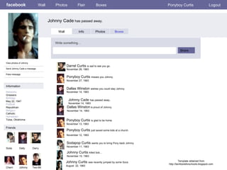 facebook Johnny Cade  has passed away. Wall Photos Flair Boxes Ponyboy Curtis Logout View photos of Johnny  Send Johnny Cade a message Poke message Wall Info Photos Boxes Write something… Share Information Networks  Greasers Birthday: May 22, 1947 Political: Republican Religion: Catholic Hometown: Tulsa, Oklahoma Friends Soda Dally Darry Cherri Johnny Two-Bit Template obtained from http://techtoolsforschools.blogspot.com Ponyboy Curtis  misses you Johnny. November 27, 1963 Johnny Cade  has passed away . November 14, 1963 Dallas Winston   is proud of Johnny. November 14, 1963 Sodapop Curtis  wants you to bring Pony back Johnny. November 11, 1963 Ponyboy Curtis  is glad to be home. November 13, 1963 Ponyboy Curtis  just saved some kids at a church. November 12, 1963 Johnny Curtis  was recently jumped by some Socs August  22, 1963 Johnny Curtis  killed bob… November 10, 1963 Dallas Winston  wishes you could stay Johnny. November 14, 1963 Darrel Curtis  is sad to see you go. November 28, 1963 