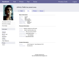 facebook Johnny Cade  has passed away . Personal Information Wall Photos Flair Boxes Ponyboy Curtis Logout View photos of Johnny (5) Send Johnny a message Poke message Wall Info Photos Boxes Basic Information Information Networks : Greasers Birthday: May 22, 1947 Political: Republican Religion: Catholic Hometown: Tulsa, Oklahoma Photos Networks:   Greaser    Sex:   Male    Birthday:   May 22, 1947   Hometown:   Tulsa Oklahoma    Relationship Status:  Single  Political Views: Republican  Religious Views:  Catholic Activities:   Reading, Hanging out with friends.    Interests:   Books, improving others lives  Favorite Music:   “Why can't we be Friends?”  Favorite Movies:  Gone With the Wind  Favorite TV Shows:   The Flinstones Favorite Books:  Gone With the Wind Albums Contact Information Address:  18104 Grease St., Tulsa Oklahoma 74101   Phone Number: 918-239-4512 Template obtained from http://techtoolsforschools.blogspot.com 