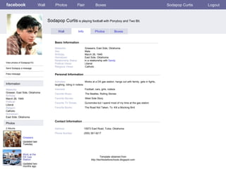 facebook Sodapop Curtis  is playing football with Ponyboy and Two Bit. Personal Information Wall Photos Flair Boxes Sodapop Curtis Logout View photos of Sodapop(10) Send Sodapop a message Poke message Wall Info Photos Boxes Basic Information Information Networks : Greaser, East Side, Oklahoma Birthday: March 26, 1949 Political: Liberal Religion: Catholic Hometown: East Side, Oklahoma Photos Networks:     Greasers, East Side, Oklahoma Sex:     Male Birthday:     March 26, 1949 Hometown:     East Side, Oklahoma Relationship Status:   In a relationship with  Sandy Political Views:   Liberal Religious Views:   Catholic Activities:     Works at a DX gas station, hangs out with family, gets in fights, laughing, riding in rodeos Interests:   Football, cars, girls, rodeos Favorite Music:   The Beatles, Rolling Stones Favorite Movies:   West Side Story Favorite TV Shows:   Gunsmoke-but I spend most of my time at the gas station Favorite Books:   The Road Not Taken, To  Kill a Mocking Bird Greasers Updated last Tuesday 2 Albums Work at the DX Gas Station Updated two months ago Contact Information Address:   15973 East Road, Tulsa, Oklahoma  Phone Number:   (555) 361-9217 Template obtained from http://techtoolsforschools.blogspot.com 