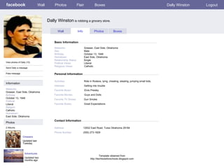 facebook Dally Winston  is robbing a grocery store. Personal Information Wall Photos Flair Boxes Dally Winston Logout View photos of Dally (10) Send Dally a message Poke message Wall Info Photos Boxes Basic Information Information Networks : Greaser, East Side, Oklahoma Birthday: October 13, 1948 Political: Liberal Religion: Catholic Hometown: East Side, Oklahoma Photos Networks:     Greaser, East Side, Oklahoma Sex:     Male Birthday:     October 13, 1948 Hometown:     East Side, Oklahoma Relationship Status:   Single  Political Views:   Liberal Religious Views:   Catholic Activities:     Ride in Rodeos, lying, cheating, stealing, jumping small kids,  Interests:   Getting into trouble Favorite Music:   Elvis Presley  Favorite Movies:   Guys and Dolls Favorite TV Shows:   Gun Smoke  Favorite Books:   Great Expectations Greasers Updated last Tuesday 2 Albums Adventures Updated two months ago Contact Information Address:   12932 East Road, Tulsa Oklahoma 29184 Phone Number:   (555) 273-1829 Template obtained from http://techtoolsforschools.blogspot.com 
