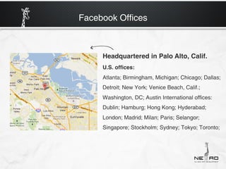 Facebook Offices



     Headquartered in Palo Alto, Calif.
     U.S. ofﬁces:
     Atlanta; Birmingham, Michigan; Chicago; Dallas;
     Detroit; New York; Venice Beach, Calif.;
     Washington, DC; Austin International offices:
     Dublin; Hamburg; Hong Kong; Hyderabad;
     London; Madrid; Milan; Paris; Selangor;
     Singapore; Stockholm; Sydney; Tokyo; Toronto;
 