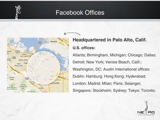 Facebook Offices



     Headquartered in Palo Alto, Calif.
     U.S. ofﬁces:
     Atlanta; Birmingham, Michigan; Chicago; Dallas;
     Detroit; New York; Venice Beach, Calif.;
     Washington, DC; Austin International offices:
     Dublin; Hamburg; Hong Kong; Hyderabad;
     London; Madrid; Milan; Paris; Selangor;
     Singapore; Stockholm; Sydney; Tokyo; Toronto;
 