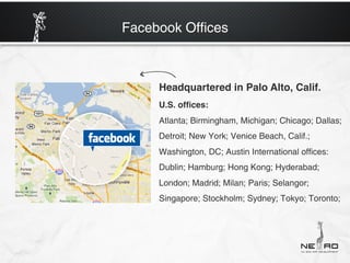 Facebook Offices



     Headquartered in Palo Alto, Calif.
     U.S. ofﬁces:
     Atlanta; Birmingham, Michigan; Chicago; Dallas;
     Detroit; New York; Venice Beach, Calif.;
     Washington, DC; Austin International offices:
     Dublin; Hamburg; Hong Kong; Hyderabad;
     London; Madrid; Milan; Paris; Selangor;
     Singapore; Stockholm; Sydney; Tokyo; Toronto;
 