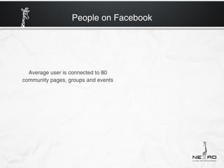 People on Facebook




  Average user is connected to 80
community pages, groups and events
 