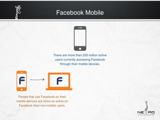 Facebook Mobile




                          There are more than 250 million active
                           users currently accessing Facebook
                              through their mobile devices.




 People that use Facebook on their
mobile devices are twice as active on
 Facebook than non-mobile users.
 