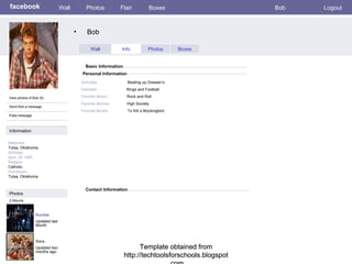Template obtained from http://techtoolsforschools.blogspot.com Template obtained from http://techtoolsforschools.blogspot.com Template obtained from http://techtoolsforschools.blogspot.com Personal Information facebook Bob Wall Photos Flair Boxes Bob Logout View photos of Bob (5) Send Bob a message Poke message Wall Info Photos Boxes Basic Information Information Photos Activities:     Beating up Greaser’s Interests:   Rings and Football  Favorite Music:   Rock and Roll Favorite Movies:   High Society Favorite Books:   To Kill a Mockingbird Rumble Updated last Month 2 Albums Socs Updated two months ago Contact Information Networks : Tulsa, Oklahoma  Birthday: April ,30 1965 Religion: Catholic Hometown: Tulsa, Oklahoma 