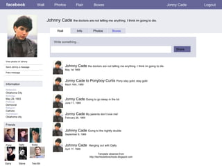 facebook Johnny Cade  the doctors are not telling me anything. I think im going to die. Wall Photos Flair Boxes Jonny Cade Logout View photos of Johnny Send Johnny a message Poke message Wall Info Photos Boxes Write something… Share Information Networks : Oklahoma City Birthday: May 29, 1953 Political: Democrat Religion: Catholic Hometown: Oklahoma city. Friends Pony Dally Soda Darry  Steve Johnny Cade  the doctors are not telling me anything. I think im going to die. May 1st 1969 Two-Bit Jonny Cade to Ponyboy Curtis  Pony stay gold, stay gold Mach 16th, 1969 Jonny Cade  Going to go sleep in the lot June 11, 1969 Jonny Cade  My parents don’t love me! February 28, 1969 Johnny Cade  Going to the nightly double September 9, 1969 Johnny Cade  Hanging out with Dally April 17, 1969 Template obtained from http://techtoolsforschools.blogspot.com 