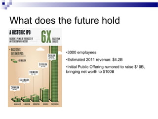 What does the future hold
•3000 employees
•Estimated 2011 revenue: $4.2B
•Initial Public Offering rumored to raise $10B,
bringing net worth to $100B

 