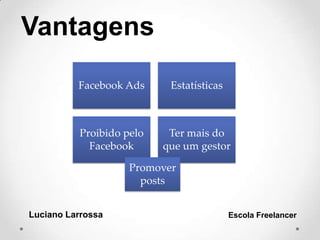Vantagens
Luciano Larrossa Escola Freelancer
Facebook Ads Estatísticas
Proibido pelo
Facebook
Ter mais do
que um gestor
Promover
posts
 