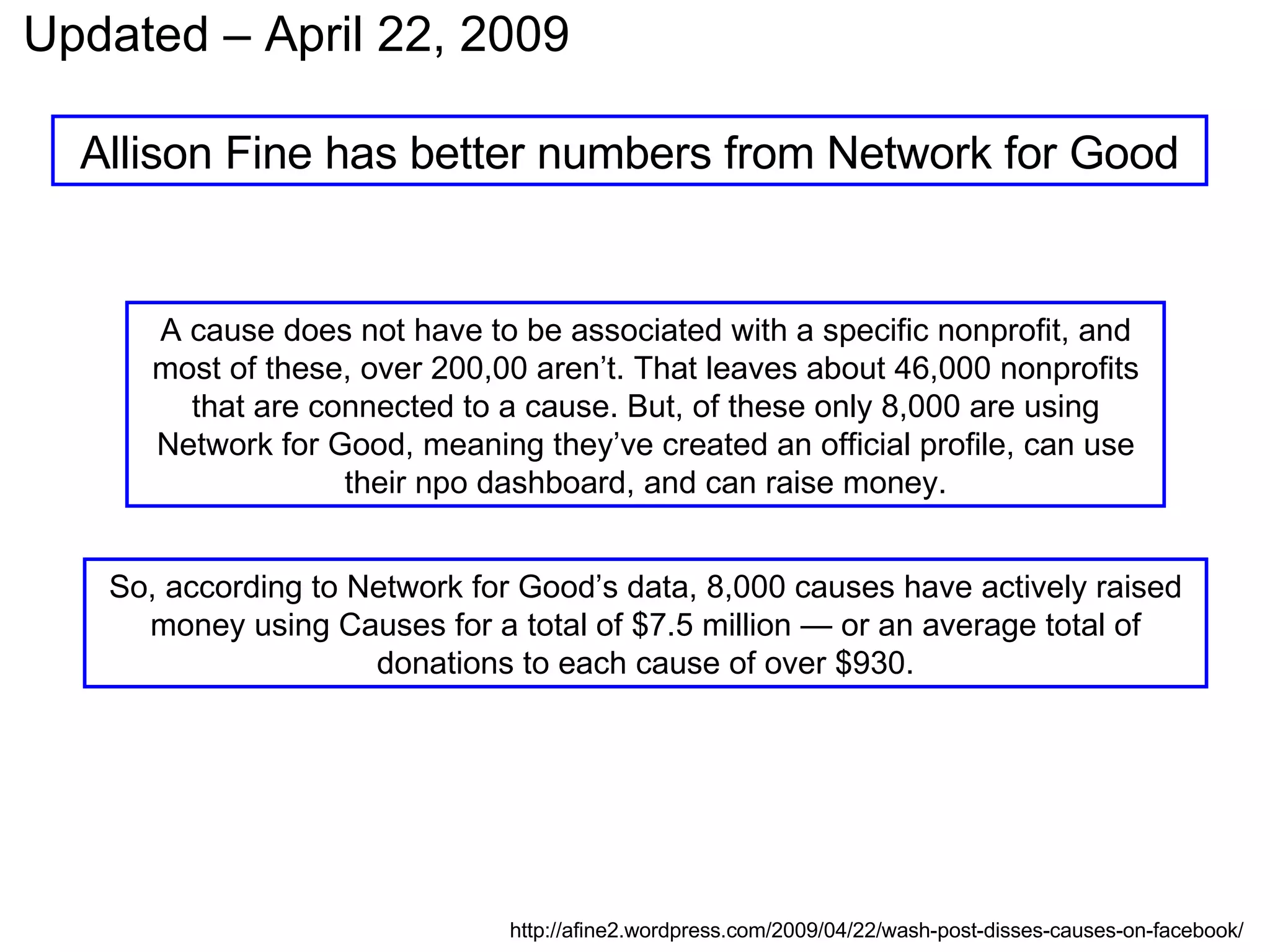 Updated – April 22, 2009 A cause does not have to be associated with a specific nonprofit, and most of these, over 200,00 aren’t. That leaves about 46,000 nonprofits that are connected to a cause. But, of these only 8,000 are using Network for Good, meaning they’ve created an official profile, can use their npo dashboard, and can raise money. http://afine2.wordpress.com/2009/04/22/wash-post-disses-causes-on-facebook/ So, according to Network for Good’s data, 8,000 causes have actively raised money using Causes for a total of $7.5 million — or an average total of donations to each cause of over $930. Allison Fine has better numbers from Network for Good 