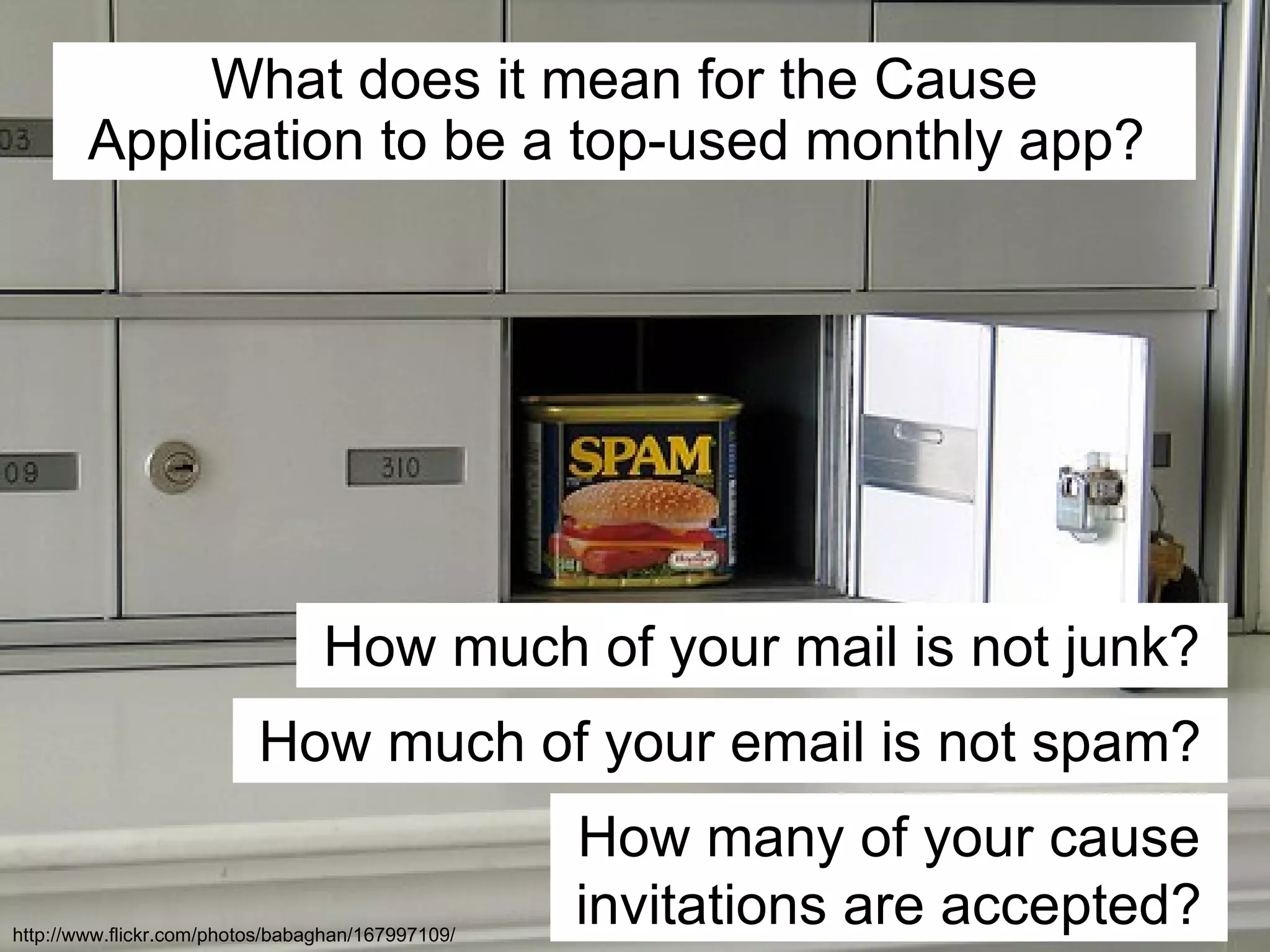 What does it mean for the Cause Application to be a top-used monthly app?  How much of your mail is not junk? http://www.flickr.com/photos/babaghan/167997109/ How much of your email is not spam? How many of your cause invitations are accepted? 