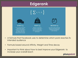 Edgerank
• A formula that Facebook uses to determine which posts reaches its
intended audience
• Formula based around Affinity, Weight and Time decay
• Important to think about how to best improve your Edgerank to
increase your overall reach
 