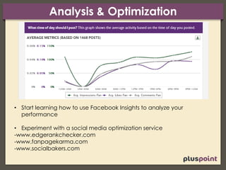 Analysis & Optimization
• Start learning how to use Facebook Insights to analyze your
performance
• Experiment with a social media optimization service
-www.edgerankchecker.com
-www.fanpagekarma.com
-www.socialbakers.com
 
