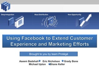Using Facebook to Extend Customer Experience and Marketing EffortsBrought to you by team Protégé Aseem Badshah      Eric Nicholson      Grady Bone      Michael Upton      Shane Keller	 