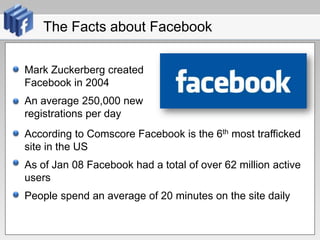The Facts about FacebookMark Zuckerberg created Facebook in 2004An average 250,000 new registrations per dayAccording to Comscore Facebook is the 6th most trafficked site in the US As of Jan 08 Facebook had a total of over 62 million active usersPeople spend an average of 20 minutes on the site daily