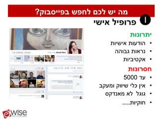 ‫מה יש לכם לחפש בפייסבוק?‬
               ‫פרופיל אישי‬      ‫‪‬‬
                            ‫יתרונות‬
                    ‫• הודעות אישיות‬
                     ‫• נראות גבוהה‬
                         ‫• אקטיביות‬
                           ‫חסרונות‬
                          ‫עד 0005‬     ‫•‬
                ‫אין כלי שיווק ומעקב‬   ‫•‬
                  ‫גוגל לא מאנדקס‬      ‫•‬
                         ‫חוקיות....‬   ‫•‬
 