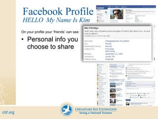 Facebook Profile On your profile your ‘friends’ can see: Personal info you choose to share HELLO  My Name Is Kim 