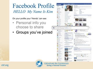 Facebook Profile On your profile your ‘friends’ can see: Personal info you choose to share Groups you’ve joined HELLO  My Name Is Kim 